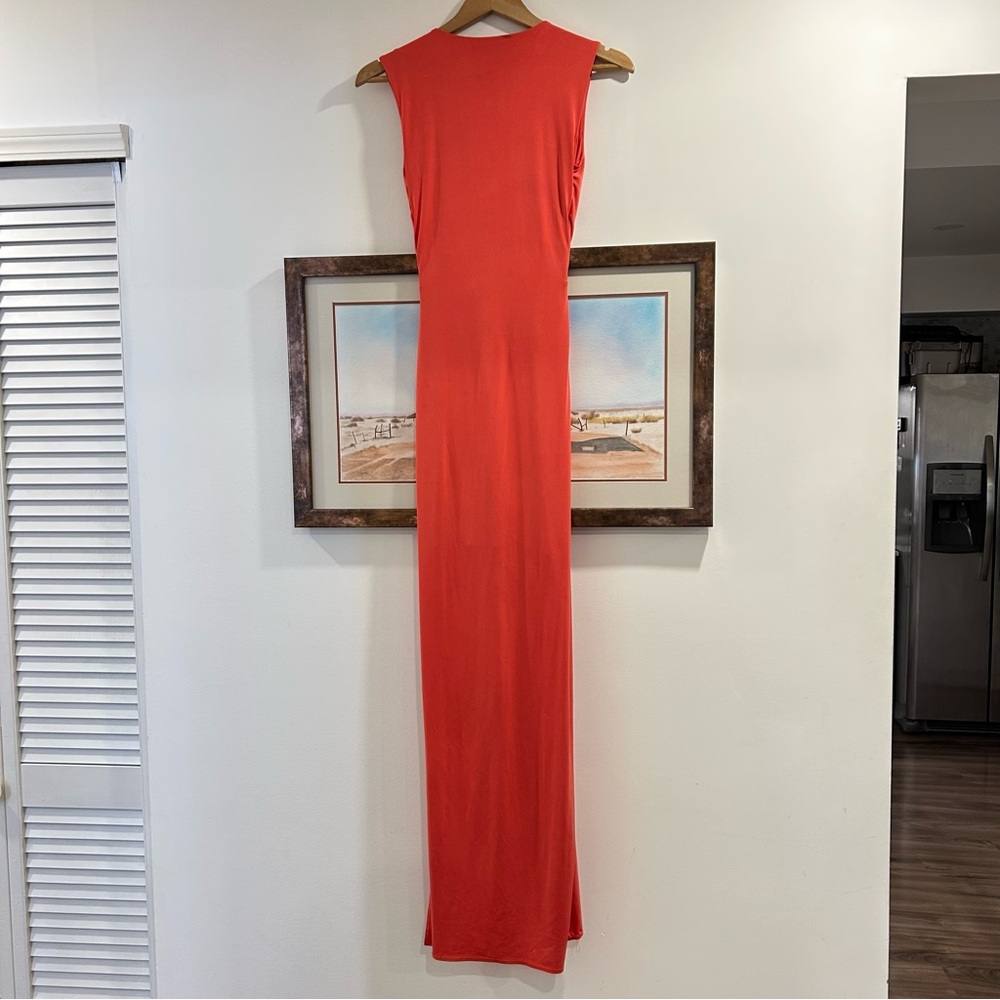 Marciano Plunge Neck Faux Wrap Midi Dress Coral - Picture 3 of 6
